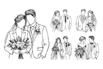 Line art depicting a wedding couple, emphasizing romance in a monochrome style