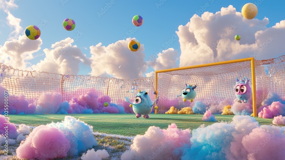 Poster 3d animated creatures playing soccer on a field made of clouds, with rainbow-colored goals and float