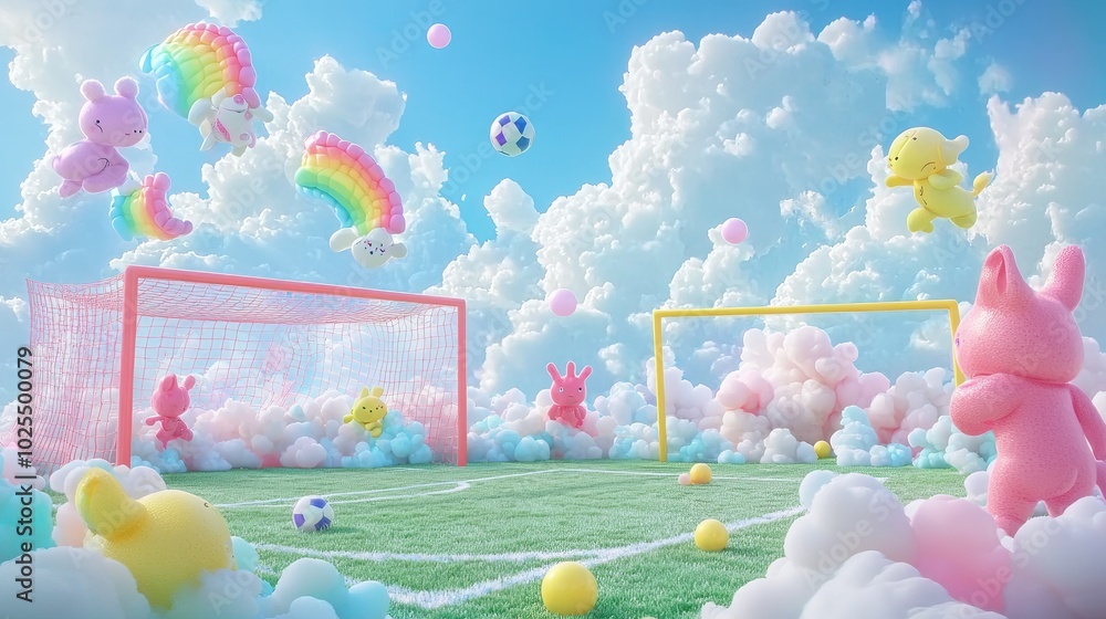 Aufkleber 3d animated creatures playing soccer on a field made of clouds, with rainbow-colored goals and float