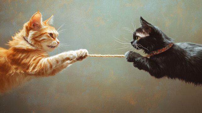 Playful Cats Engaged in a Tug-of-War Game