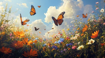 Obraz premium Colorful Butterflies Over Vibrant Flower Field
