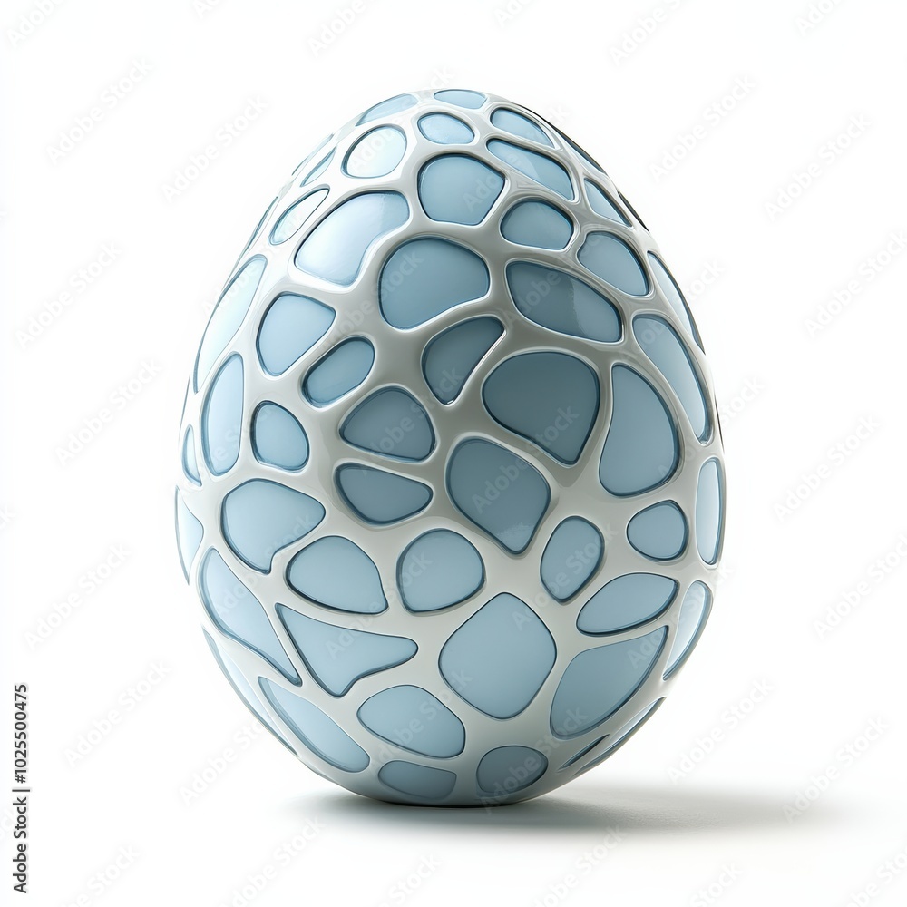 Poster a single light blue egg with abstract patterns, isolated on a white background with a gentle shadow 