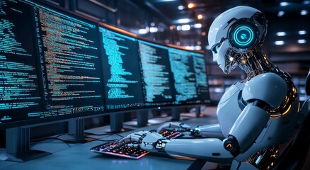 Robot working with high-tech computers in a futuristic lab