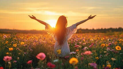 Woman in a Field of Flowers at Sunset with Arms Raised