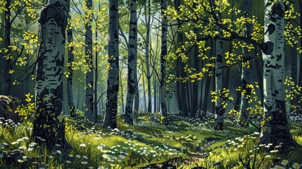 Obraz premium A Sunlit Birch Forest Floor Covered in Wildflowers