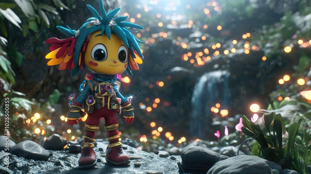 Poster a colorful 3d animated character with exaggerated features, exploring a magical forest full of glowi