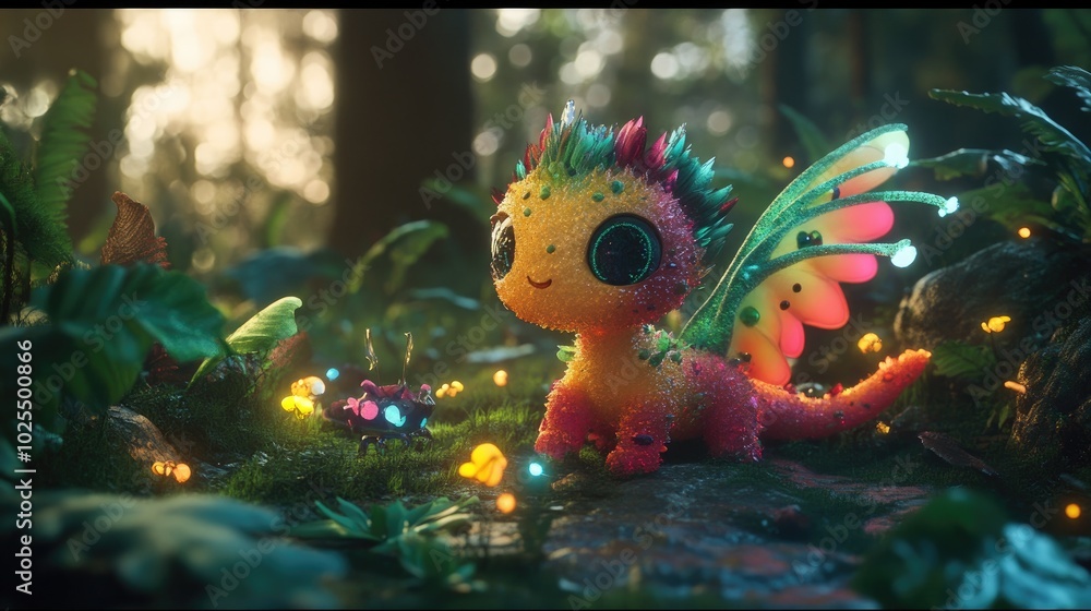 Poster a colorful 3d animated character with exaggerated features, exploring a magical forest full of glowi