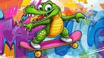 A cheerful cartoon crocodile riding a skateboard in a vibrant urban setting, showcasing its fun personality with graffiti art in the background.
