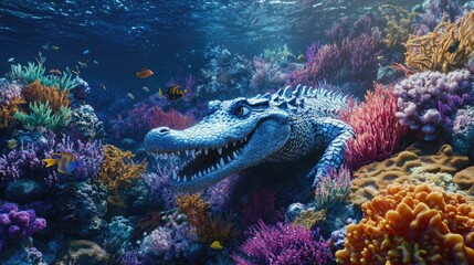 A curious cartoon crocodile exploring a vibrant underwater world, surrounded by colorful fish and coral reefs, showcasing its adventurous spirit.