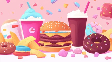 A Double Cheeseburger, Two Donuts, Fries, and Drinks on a Pink Background