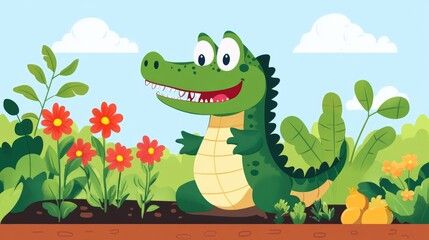 A friendly cartoon crocodile in a garden, planting flowers and vegetables, highlighting its love for nature and the environment.