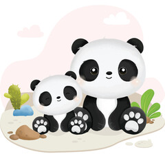 Funny Panda family character animal jungle Watercolor Vector