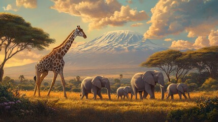Obraz premium Majestic Giraffe and Elephants Under Mountain Sunset