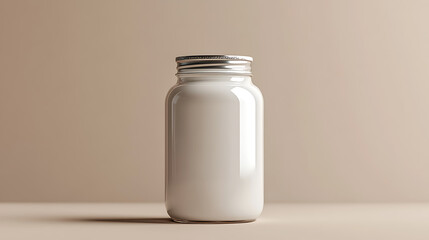 A glass jar with a silver lid stands on a beige background, perfect for displaying your product.