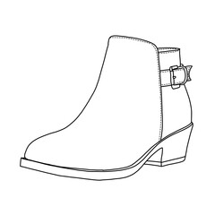 Women's Boots Chunky Low Heel Ankle Booties Shoes with strap Line art, Technical sketch hand drawing outline vector doodle illustration side 3D Isometric view isolated on white background