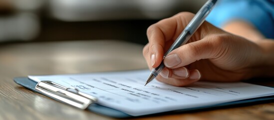 Close-up of a hand holding a pen writing on a clipboard.