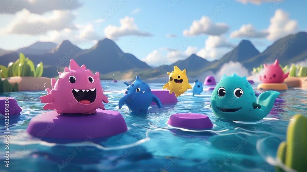 Poster whimsical 3d animated creatures spinning around in a fun, fast-paced game of tag in a fantasy world 