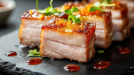 Delicious Crispy Pork Belly on Slate Plate