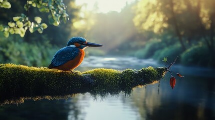 Kingfisher Perched on Mossy Branch by Serene Stream