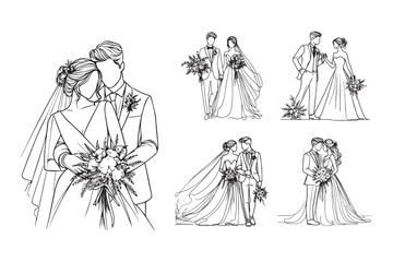 Romantic wedding couple illustration featuring a girl and a man in black white