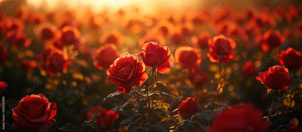 Wall mural Close-up of red roses blooming in a field at sunset, bathed in warm light.