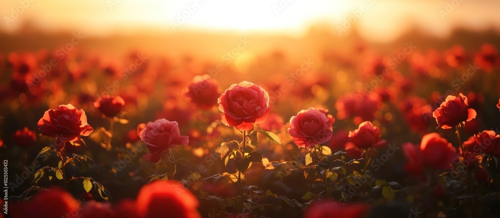 Sticker Close-up of red roses blooming in a field at sunset.