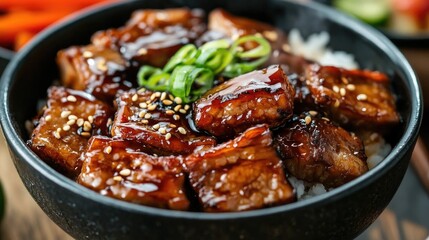 Delicious Glazed Meat Bowl with Rice and Vegetables