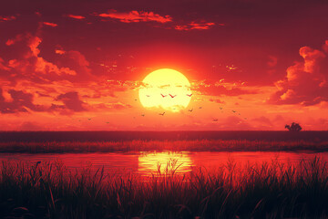 Intense red sunset illuminating the horizon with vibrant evening light. 