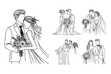 Black and white clipart featuring a romantic couple in a wedding setting