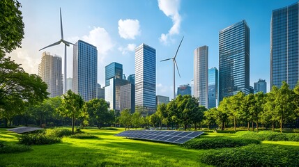 Fototapeta premium A vibrant urban landscape with tall buildings and green spaces, showcasing fresh air and clear skies, with wind turbines and solar panels symbolizing the use of clean energy to reduce air pollution 
