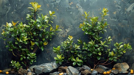 Green Plants with Stones and Gray Wall Background