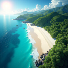 Breathtaking Bird's-Eye View of Pristine Beach, Crystal Water, and Tranquil Tropical Scenery with Generative AI