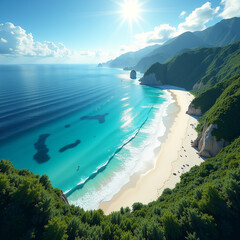 Panoramic Coastal Scene with Vibrant Blue Waves, Serene Sands, and Verdant Foliage with Generative AI