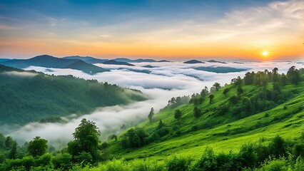 Fototapeta premium Sunrise Over Foggy Mountain Landscape