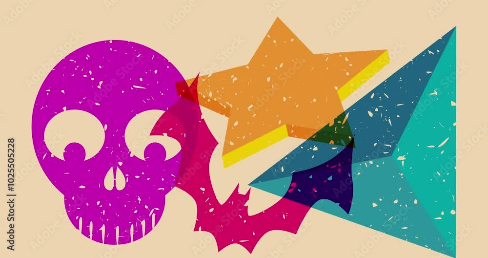 Poster risograph halloween skull and bat with geometric shapes animation. moving object in trendy riso grap