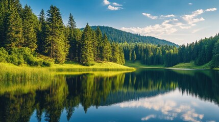 Serene Mountain Lake Surrounded by Lush Evergreen Forest