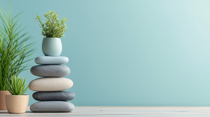 Fototapeta premium Soft hues create a tranquil atmosphere with stacked stones and vibrant potted plants, embodying the essence of psychological relief and mental wellness, copy space