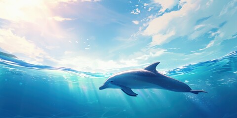 Fototapeta premium Dolphin Swimming in the Ocean with Bright Blue Water and White Fluffy Clouds in the Sky