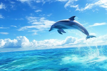 Fototapeta premium A Dolphin Leaps Through the Air Above Crystal Clear Ocean Waters on a Sunny Day