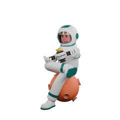 Cartoon Style Space Explorer. A male astronaut sits on a replica of the moon holding a satellite in both hands. 3D Male