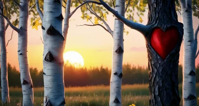 Birch trees in summer, a heart carved into a trunk, sunset in the background, alcohol inks, detailed matte painting, deep color, fantastical, intricate detail, splash screen, complementary colors