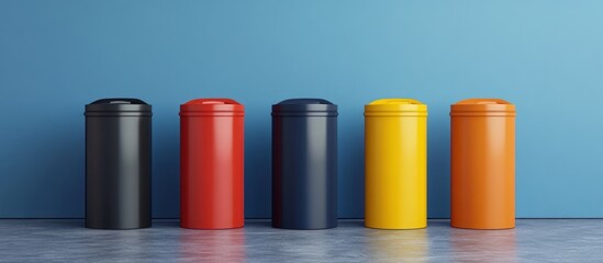 Fototapeta premium Five colorful cylindrical trash cans on a gray floor in front of a blue wall.