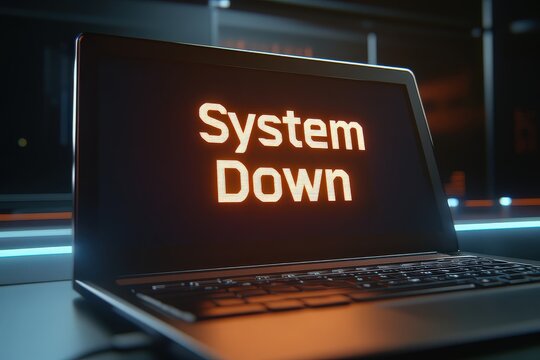 Laptop screen showing system down message