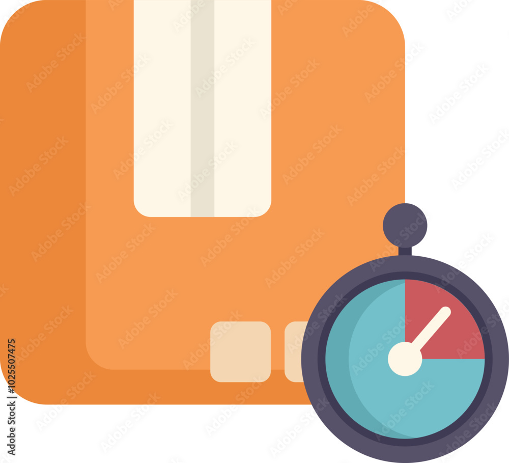 Poster simple icon of a sealed cardboard box with a chronometer measuring time, representing fast delivery 