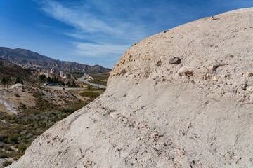Cajon Valley Formation, Unit 2. Conglomerate and conglomeratic sandstone. Mormon Rocks, Phelan, San Bernardino County, California geology. Cajon Pass.  hogback or hog's back.  San Andreas Fault