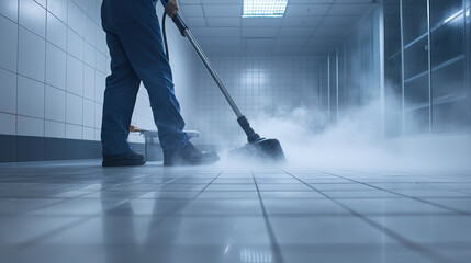 worker using steam cleaner on large tiled floor, creating cloud of vapor. scene conveys sense of cleanliness and efficiency in commercial space