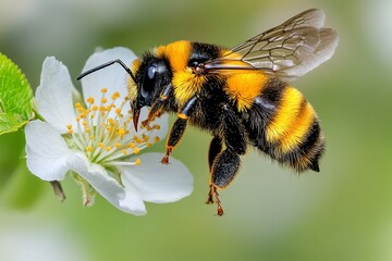 Bee and bumblebee flying between apricot blossoms, their paths crossing in the air as they work in harmony to pollinate the orchard