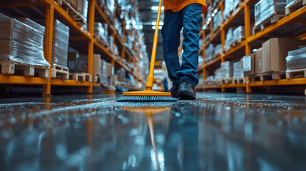 worker mops large warehouse floor, surrounded by industrial shelves filled with boxes. shiny surface reflects organized environment, showcasing clean and efficient workspace