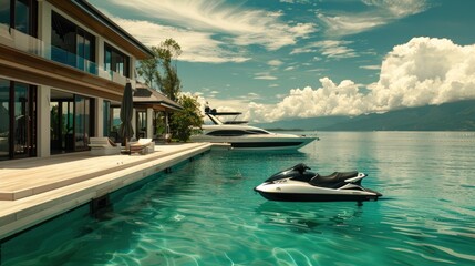 Obraz premium Modern Villa with Infinity Pool, Yacht, and Jet Ski