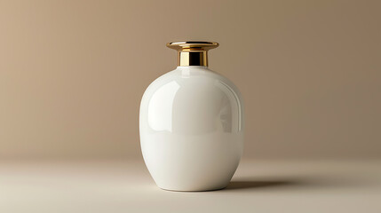 Obraz premium White ceramic bottle with a gold lid on a beige background.